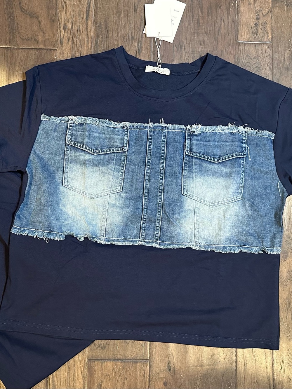 Women's Navy Top with Distressed Denim Panel Coordinates size L-2XL